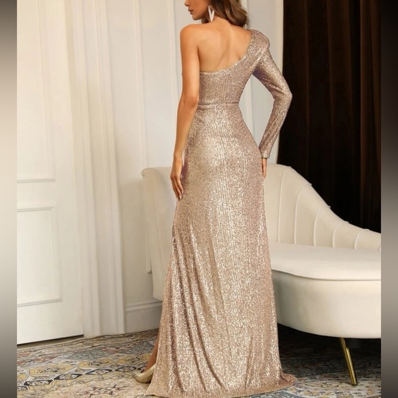Luxe one shoulder slit thigh party formal evening holiday sequins dress - Picture 3 of 9
